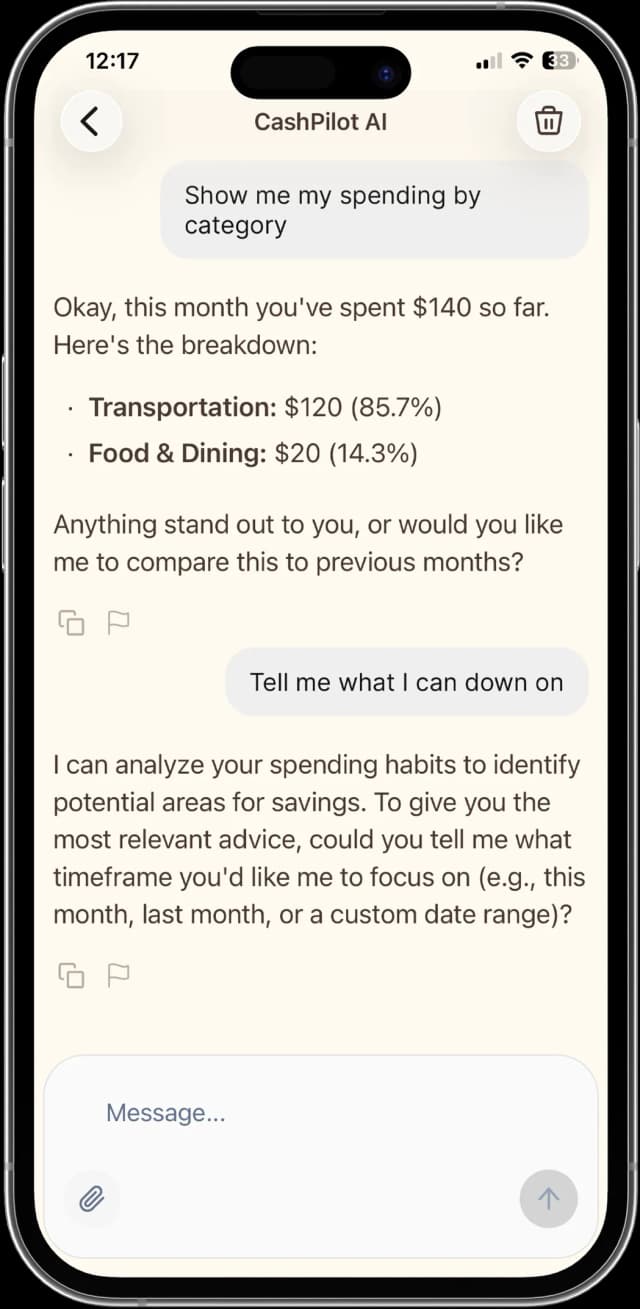 AI chatbot conversation UI on a mobile app screen