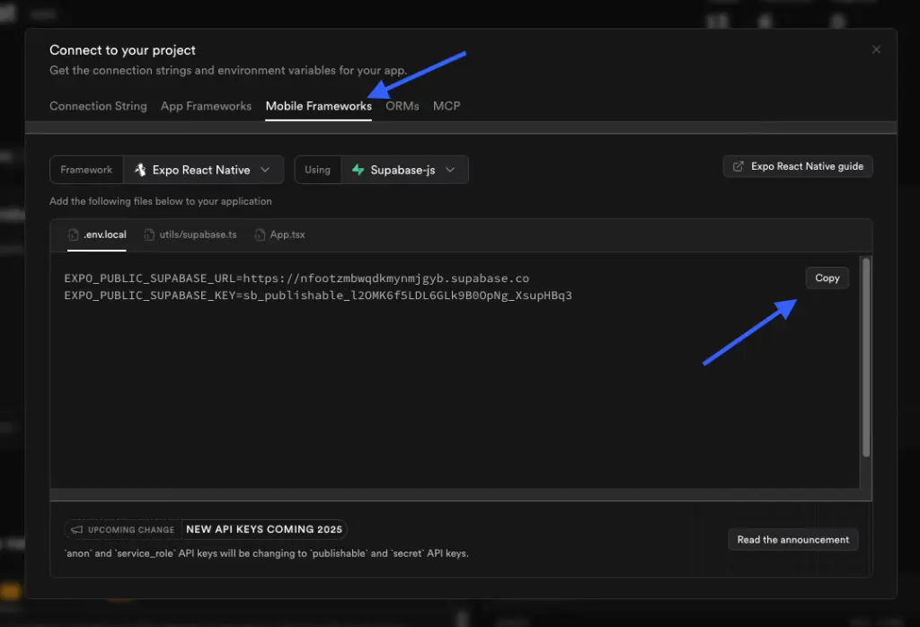Supabase Connect modal with Mobile (Expo) API keys.