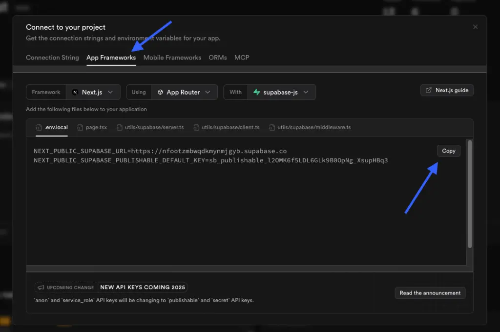 Supabase Connect modal with Web (Next.js) API keys.